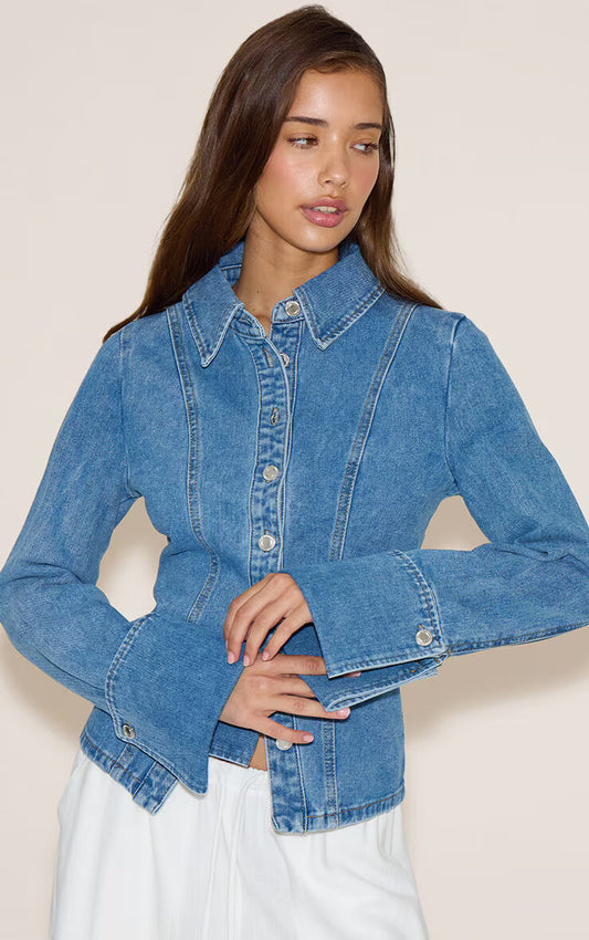 Mid Blue Wash Long Sleeve Cinch Waist Denim Shirt