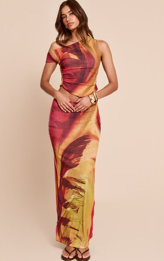 Multi Feather Print Onion Skin Low Rise Maxi Skirt