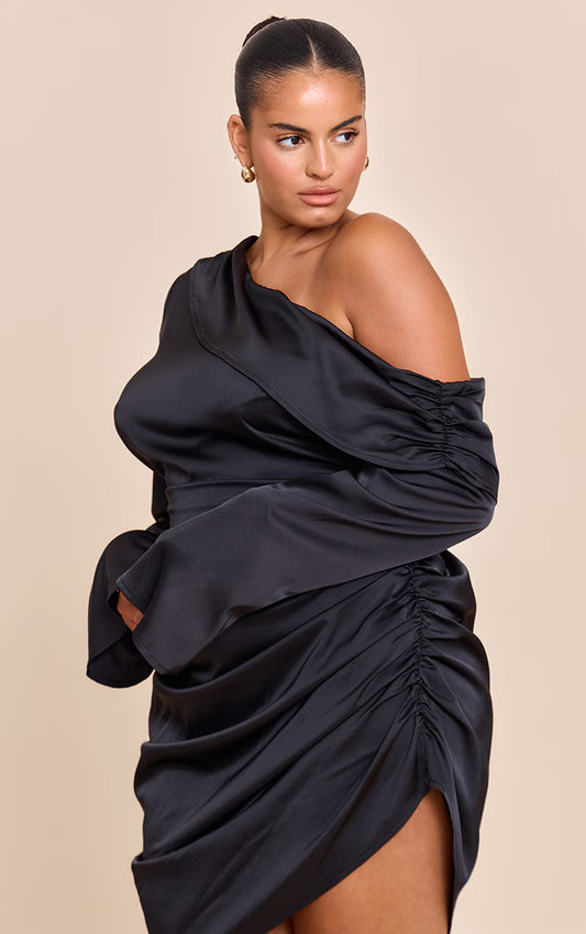 Plus Black Satin One Shoulder Drape Bodycon Dress