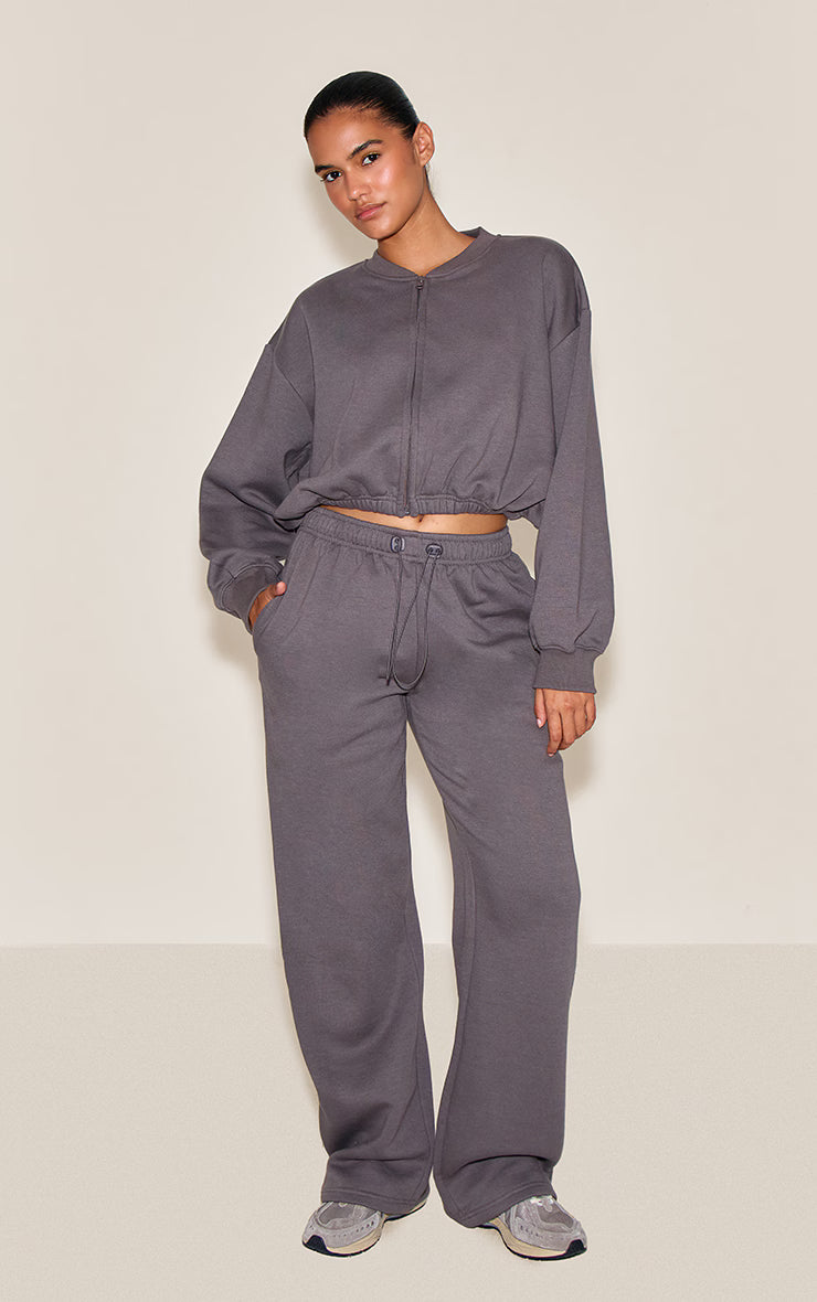 Charcoal Drawcord Waist Crop Zip Up Sweatshirt