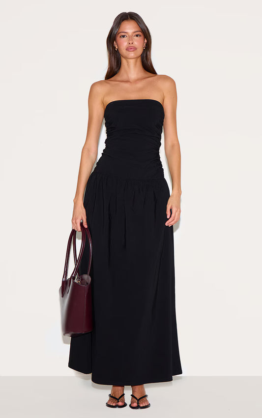 Black Stretch Woven Bandeau Ruched Maxi Dress