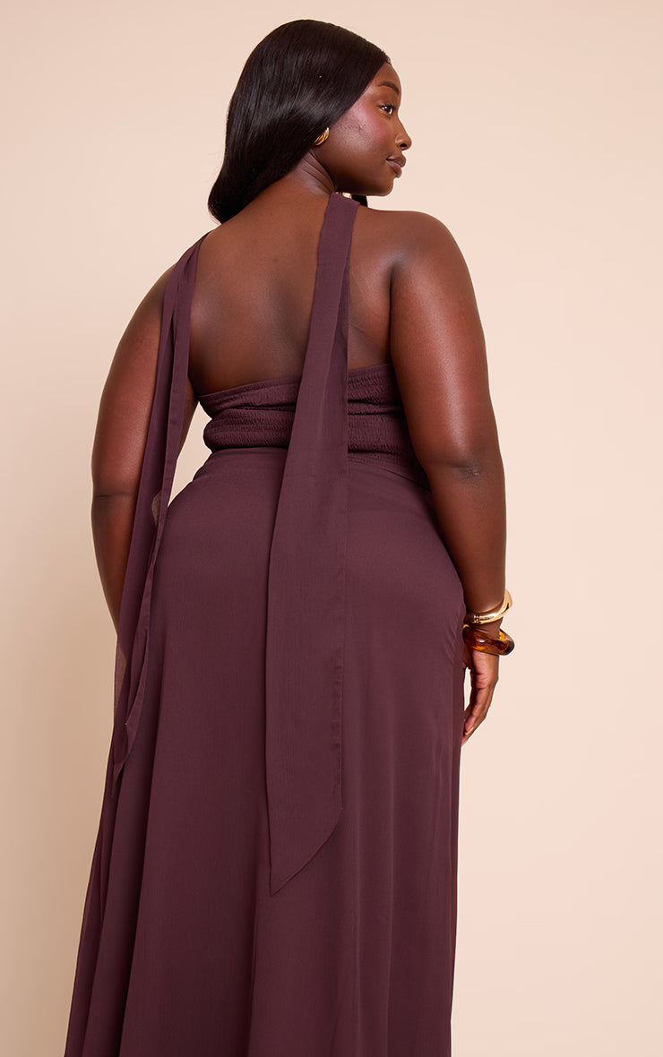 Plus Brown Chiffon Neck Wrap Top