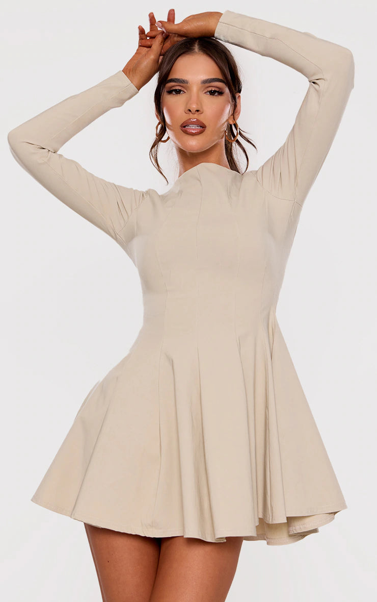 Stone Stretch Woven Boat Neck Long Sleeve Pleated Shift Dress