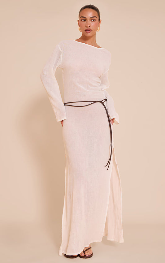 White Textured Long Sleeve Maxi Dress