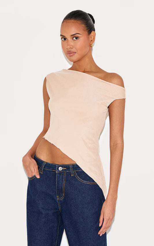 Almond Asymmetric Neck Mesh Top
