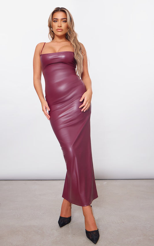 Cherry Red Faux Leather Spaghetti Strap Midi Dress