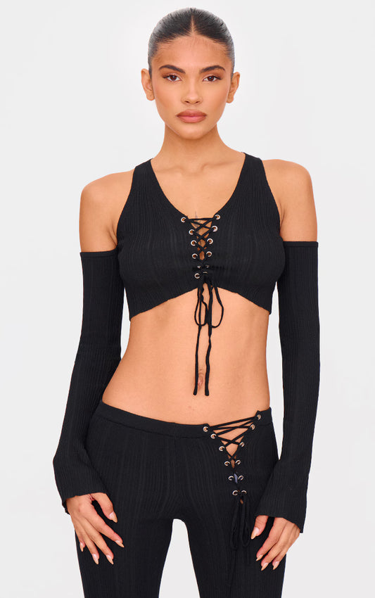 Black Textured Rib Knit Lace Up Cold Shoulder Top