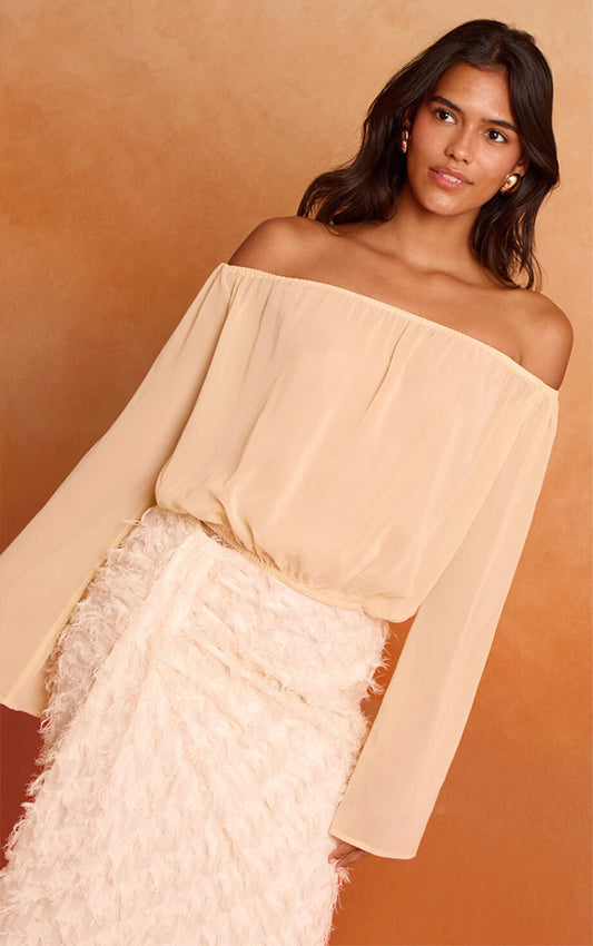 Butter Cream Chiffon Ruched Bardot Blouse