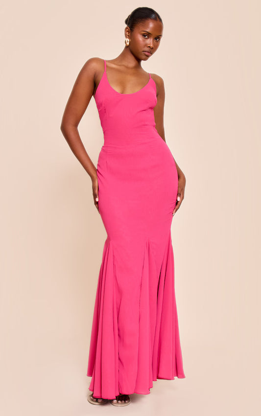 Fuschia Chiffon Scoop Neck Cowl Back Sleeveless Maxi Dress