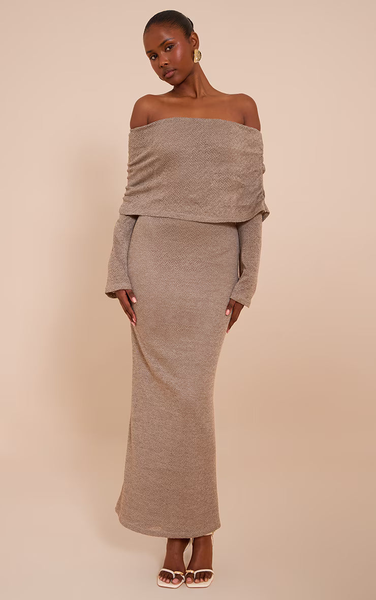 Mocha Textured Bardot Foldover Maxi Dress