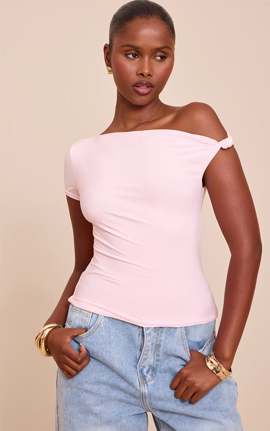 Baby Pink Double Layer Slinky Asymmetric Knot Detail Long Top