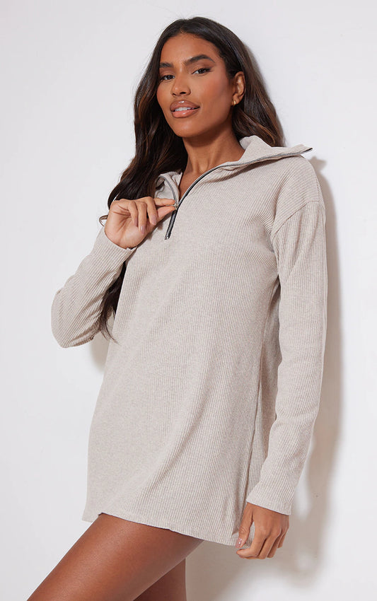 Sand Rib High Neck Half Zip Oversized Sweater Dress