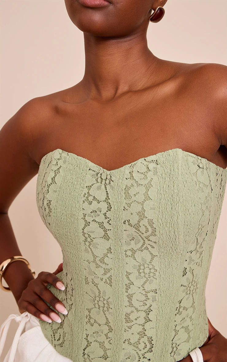 Sage Green Lace Boned Bandeau Corset Top