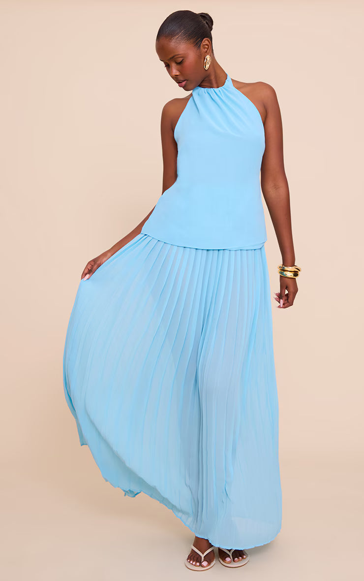Sky Blue Overlay Pleated Skirt Maxi Dress