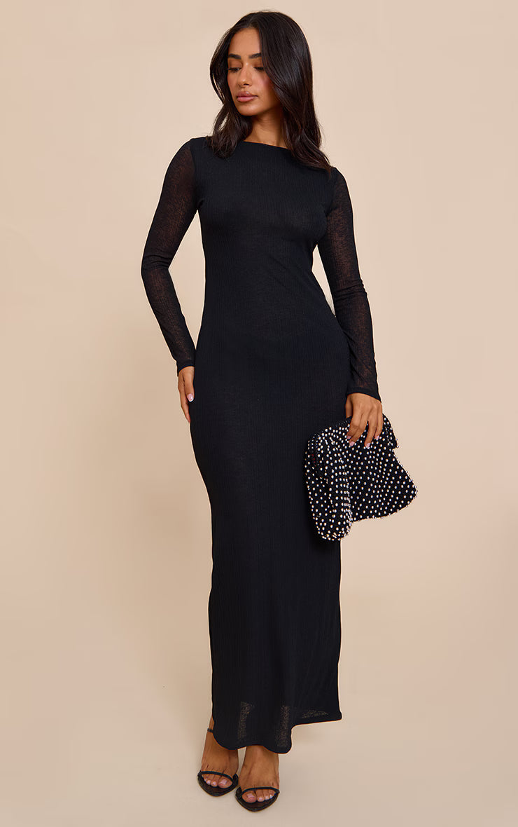 Petite Black Rib Long Sleeve Open Back Maxi Dress