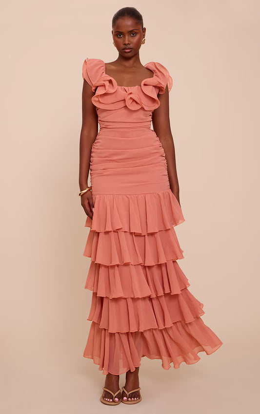Blush Chiffon Ruched Ruffle Maxi Dress