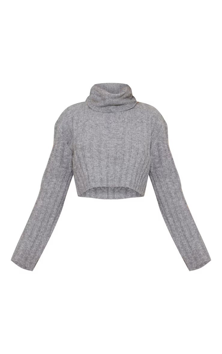 Charcoal Grey Luxe Knit Wide Rib Cross Back Crop Sweater