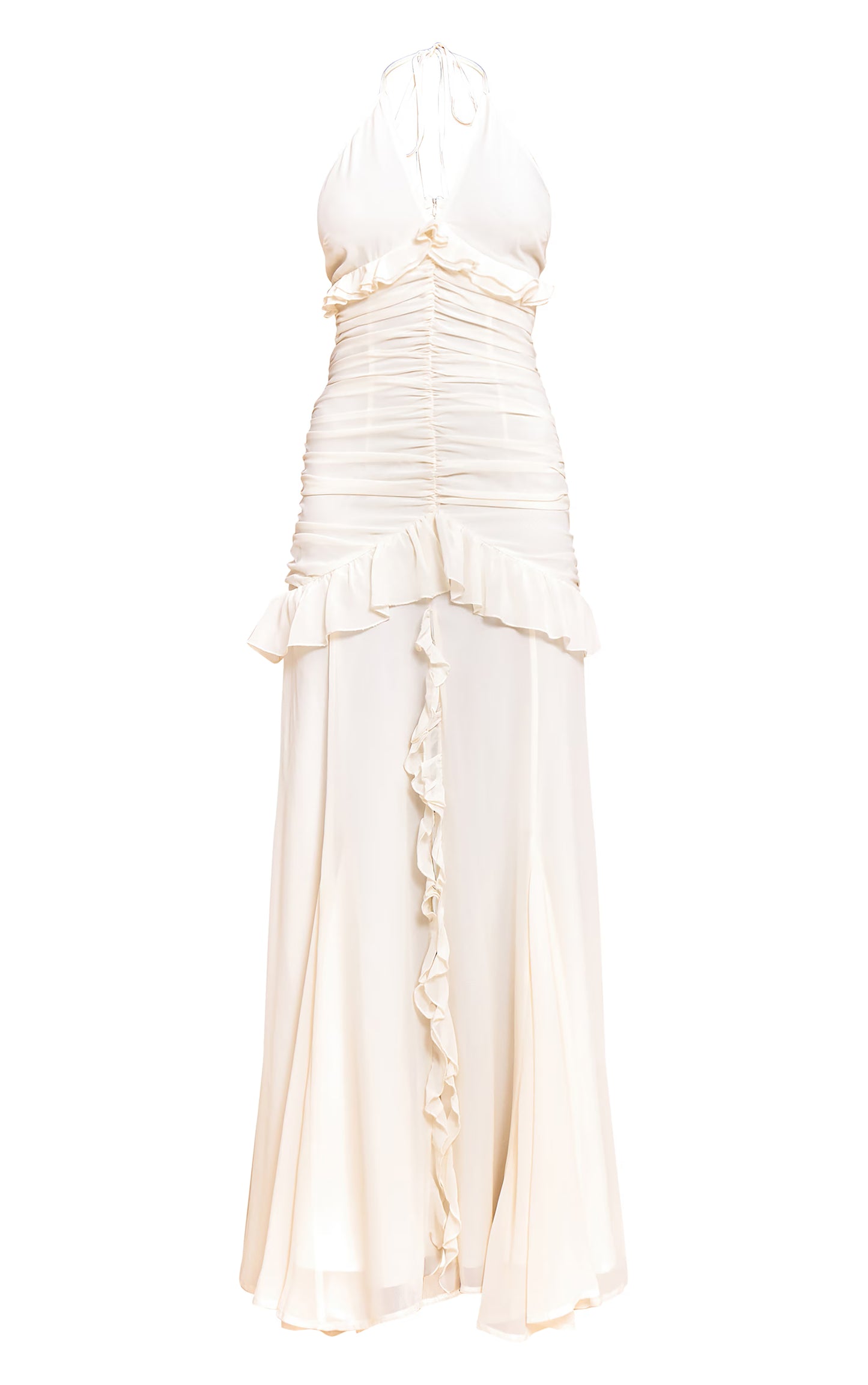 Cream Ruched Frill Halterneck Maxi Dress