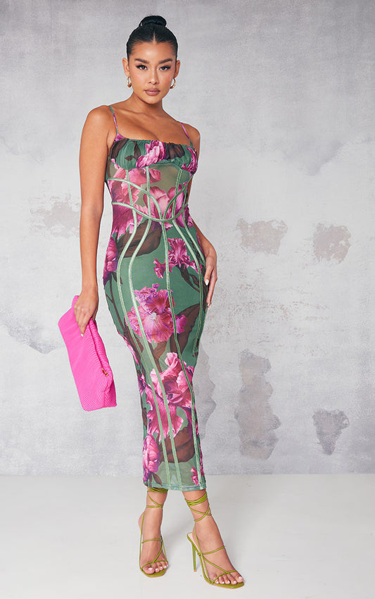 Green Floral Print Mesh Binding Detail Midaxi Dress