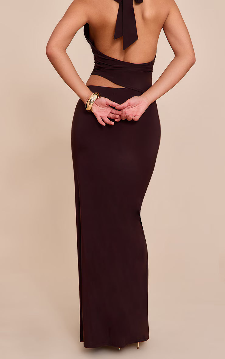 Chocolate Brown Slinky Mid Rise Maxi Skirt