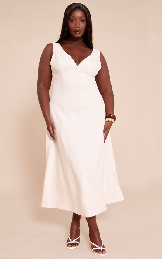 Plus Cream Tailored Woven Plunge Button Down Midi Dress