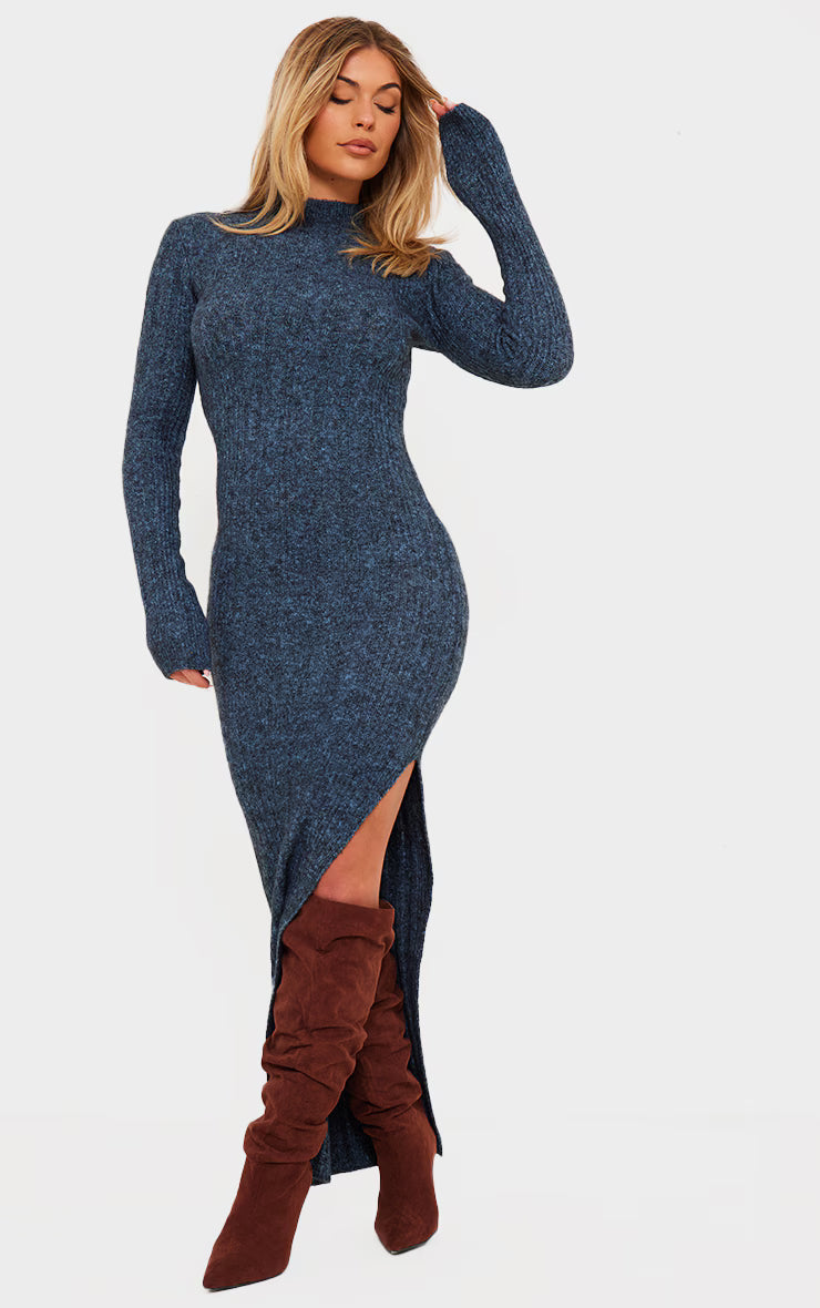 Charcoal Blue Luxe Knit High Neck Long Maxi Dress