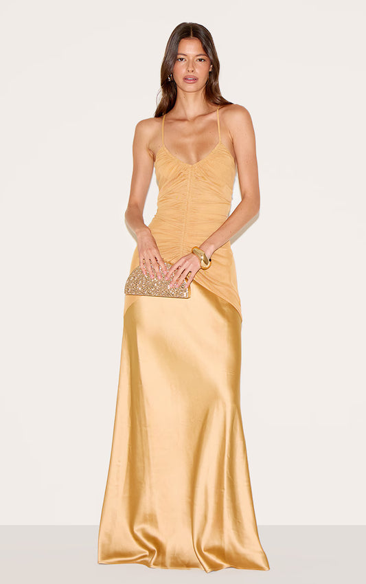 Mustard Ruched Detail Satin Maxi Slip Dress