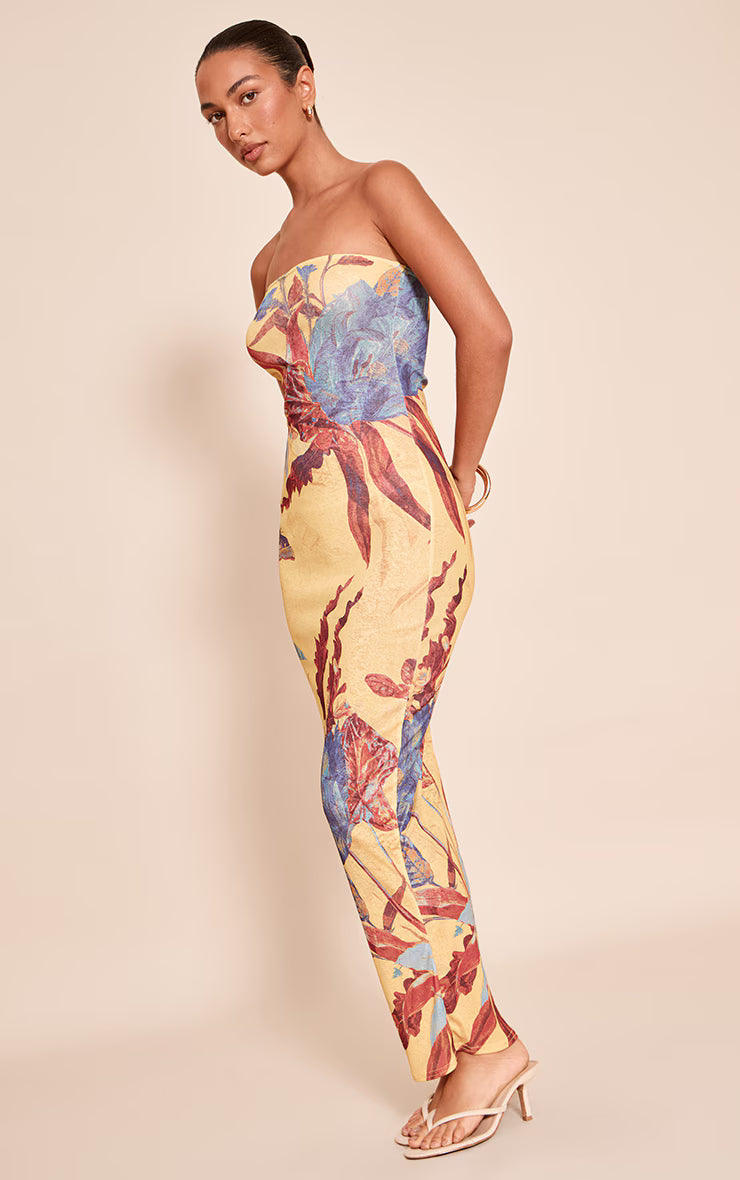 Yellow Floral Abstract Printed Onion Skin Bandeau Maxi Dress