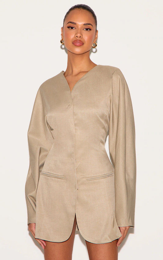 Clay Woven Balloon Sleeve Collarless Blazer Dress