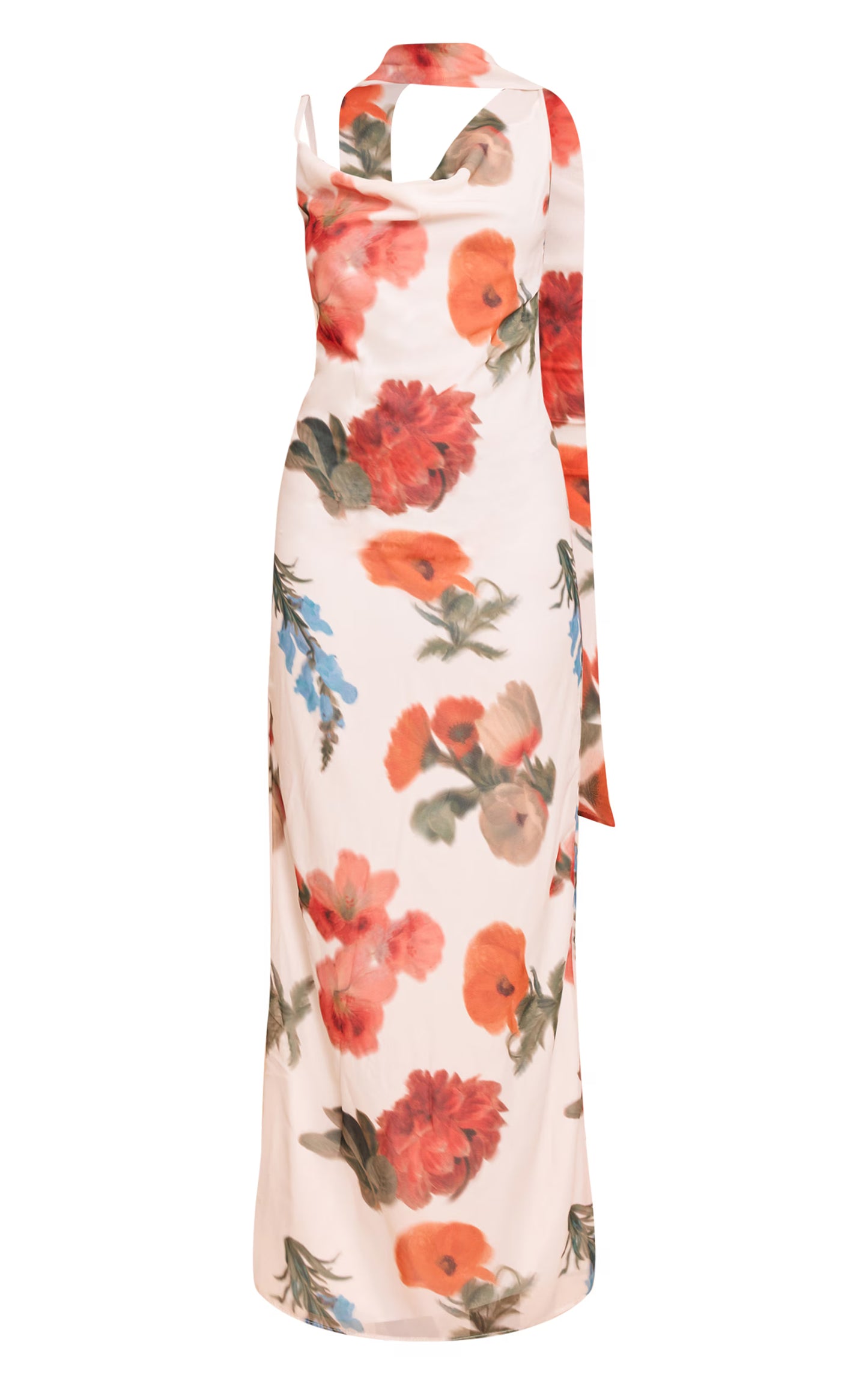 White Floral Print Chiffon Scarf Maxi Dress