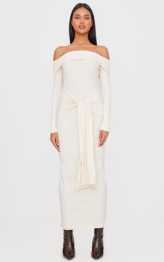 Cream Heavy Brushed Rib Bardot Wrap Detail Maxi Dress