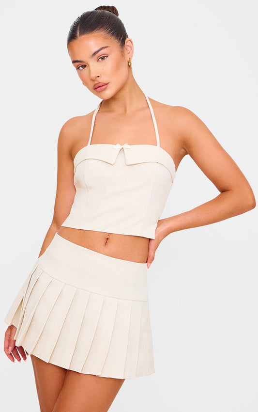 Cream Bow Detail Tie Neck Halterneck Crop Top