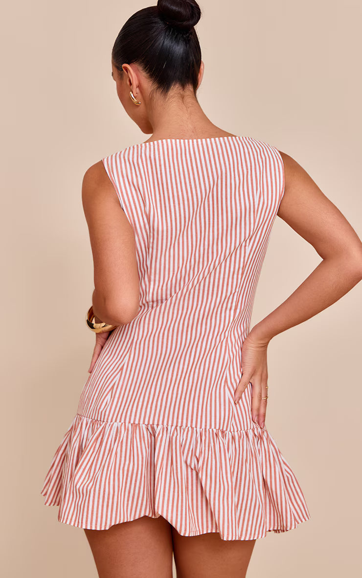 Rust Striped Satin Button Detail Flippy Hem Bodycon Dress