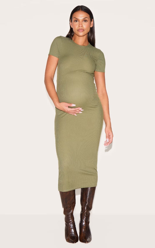 Maternity Khaki Ribbed Crew Neck Midi Dress