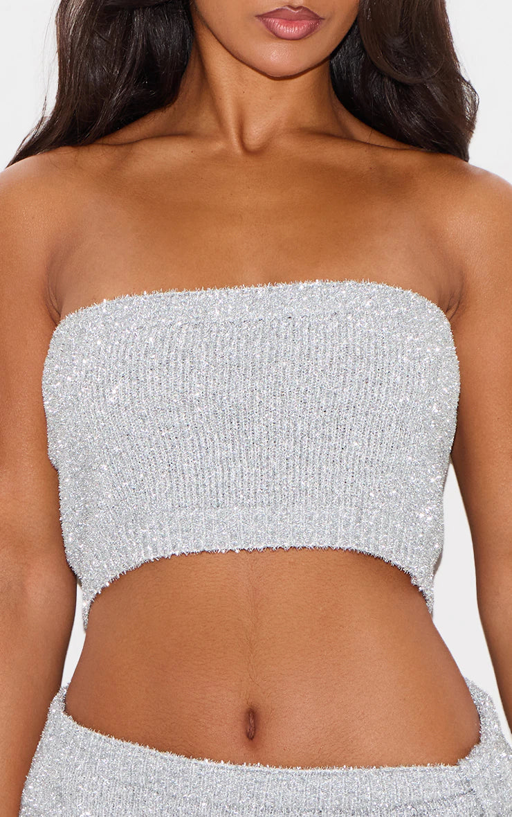 Silver Tinsel Knit Bandeau Top
