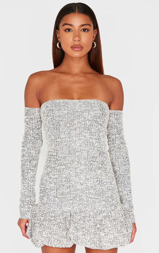 Monochrome Bardot Boucle Puffball Mini Dress