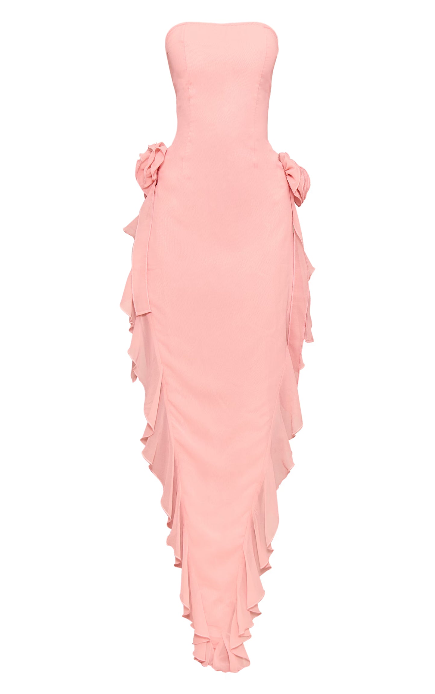 Blush  Floral Bandeau Corsage Frill Detail Midaxi Dress