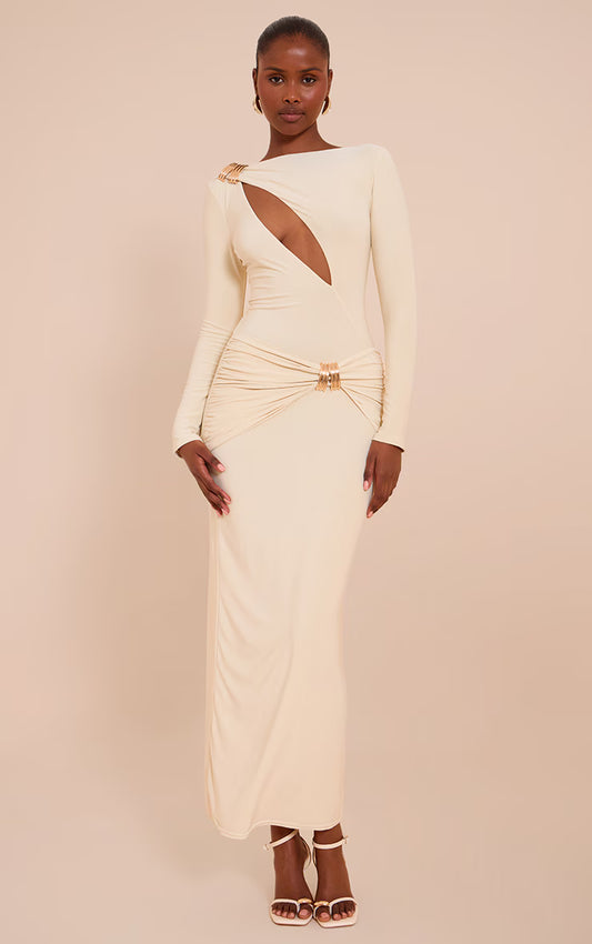 Cream Double Layer Slinky Cut Out Trim Detail Maxi Dress