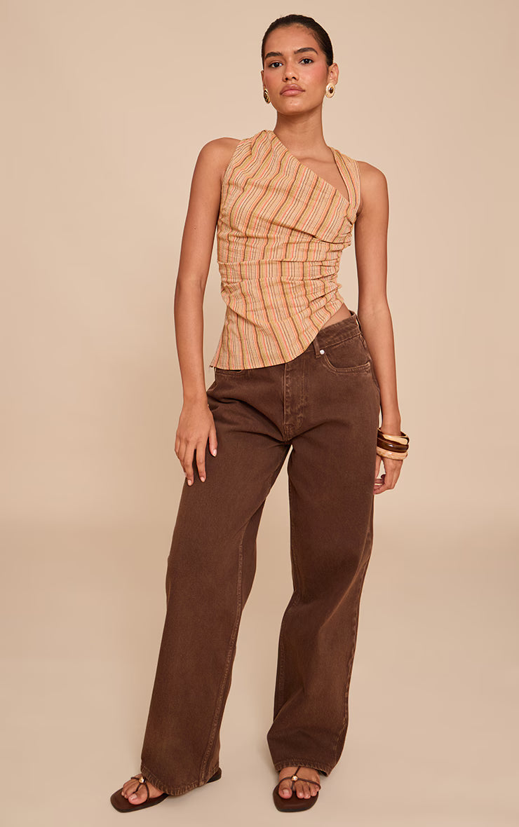 Orange Linen Look Striped Asymmetric Top