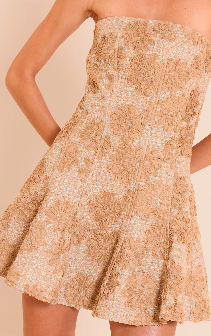 Taupe Floral Jacquard Boucle Skater Dress