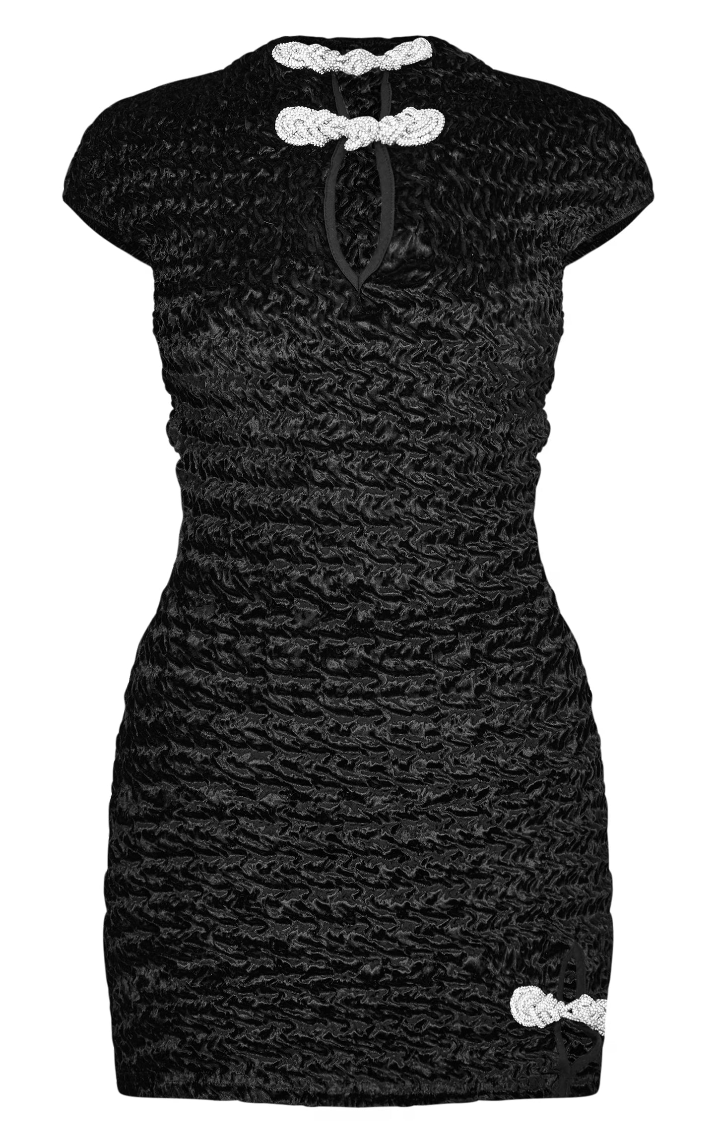 Black Textured Satin Bow Detail Mini Dress