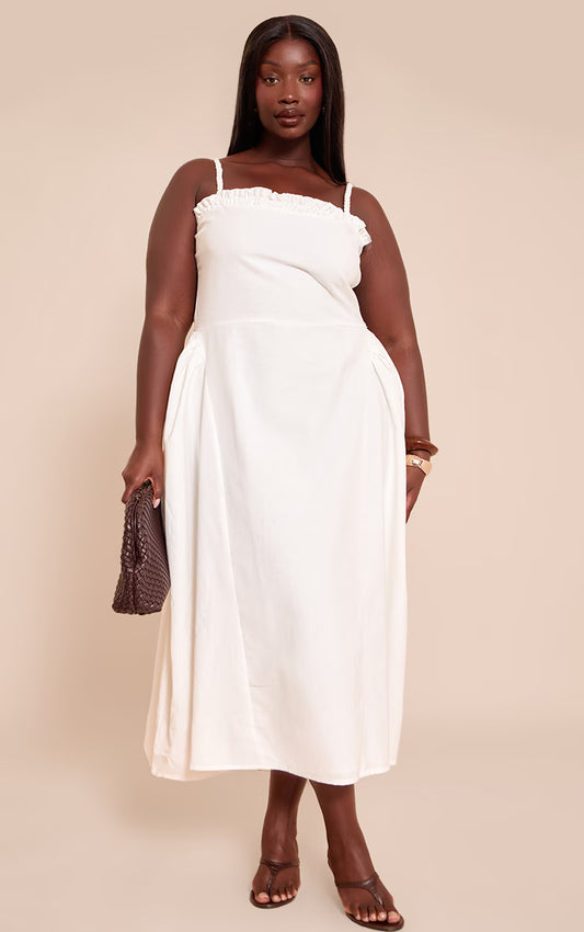 Plus White Textured Braided V Waist Midaxi Dress