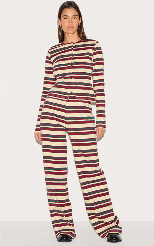 Burgundy Striped Mid Rise Ribbed Straight Leg Pants