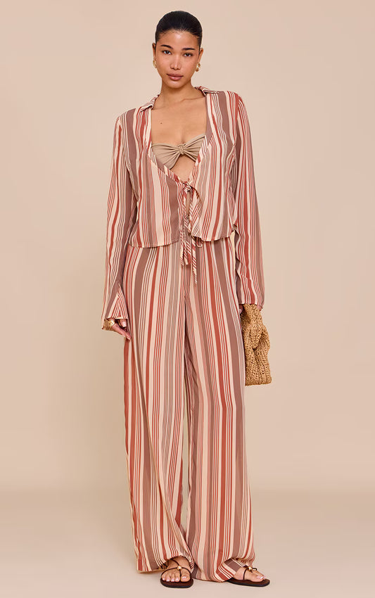 Beige Chiffon Striped Wide Leg Pants