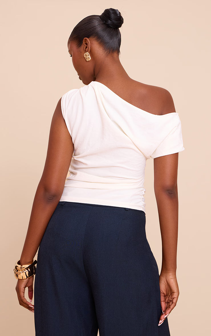 Cream Floaty Woven Ruched One Shoulder Top