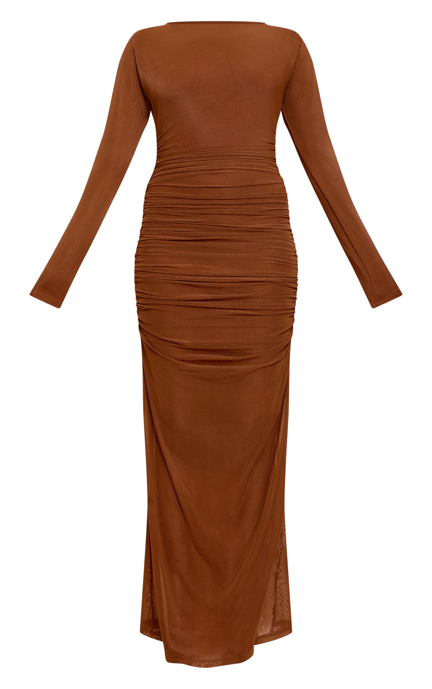 Chocolate Ruched Long Sleeve Maxi Dress
