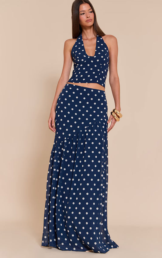 Navy Polka Dot Asymmetric Maxi Skirt