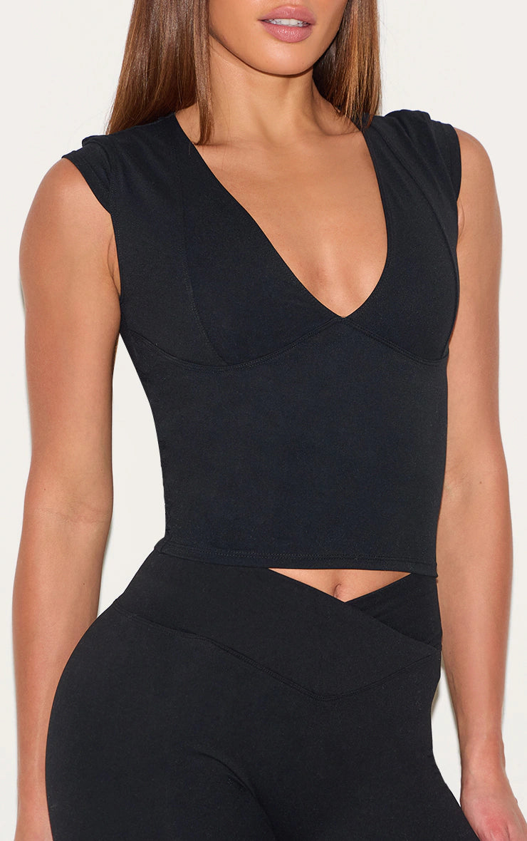 Tall Black Snatched Sculpt V Neck Crop Top