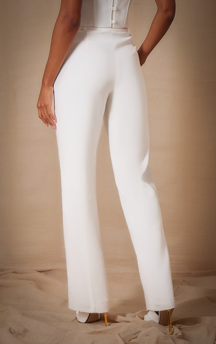 Premium White Woven Pintuck Straight Leg Pants
