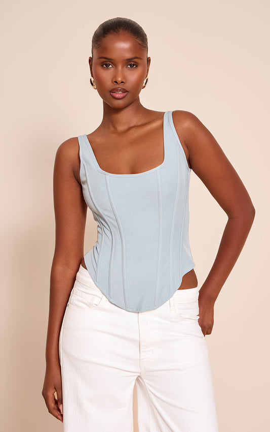 Sky Blue Boned Dip Hem Longline Corset